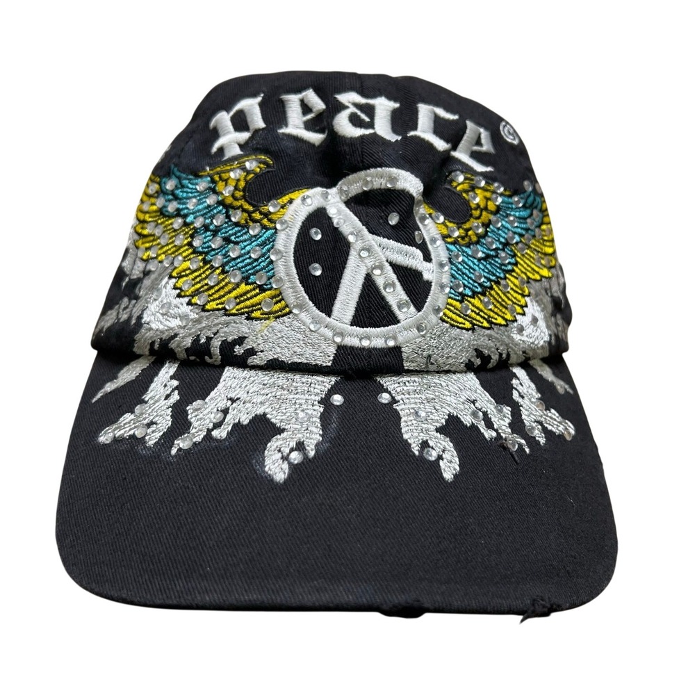 American Tattoo Wear Hat Womens OS Black Peace Eagle Rhinestone Y2K Biker Cap